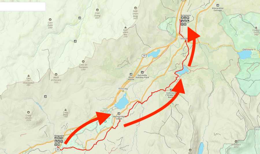 The walking route from Kingussie to Aviemore via Loch Insh and Loch an Eilein is shown.