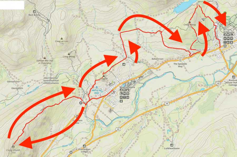 The walking route from Newtonmore to Kingussie via Creag Dhubh and Creag Bheag is shown.